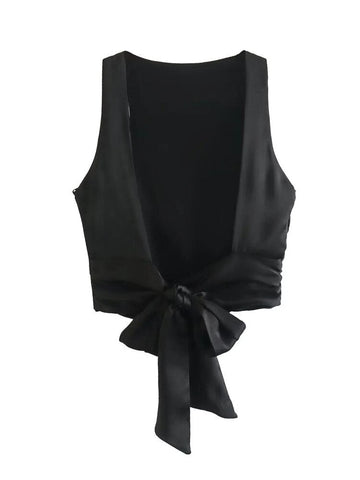 Yipinpay Backless Crop Top Women Satin Black Top Female Tied Sleeveless Tank Tops For Women Fashion Y2k Streetwear Sexy Tops Woman